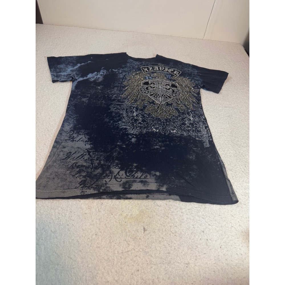Xzavier Mens Large Graphic T-Shirt Black Grey Acid Wash Studded Eagle Crest MMA